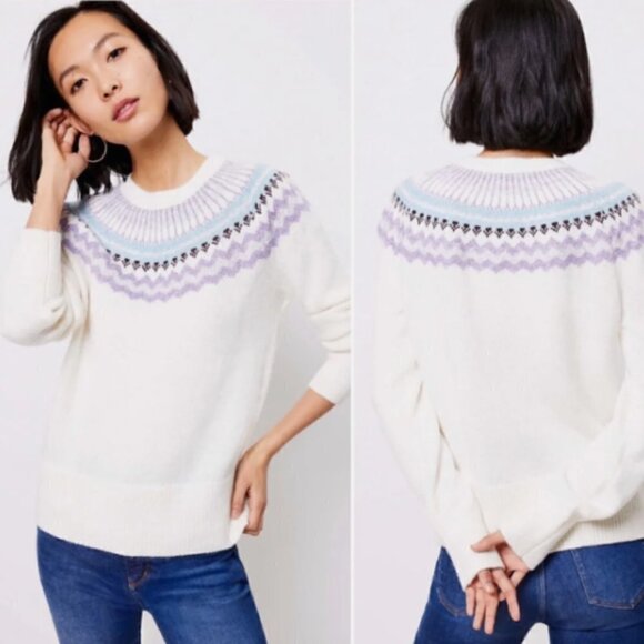 Ann Taylor LOFT White & Purple Fair Isle Nordic Crewneck Sweater XS - Picture 1 of 5